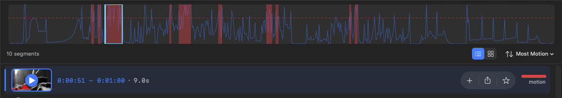 Lagoon Studio's motion graph with segment highlights over a waveform, and a segment detail row below showing time range and duration