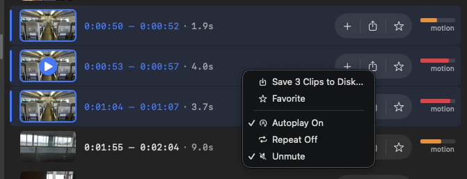 A contextual menu over a motion segment, with actions like Save Clips to Disk, Favorite, and toggles for Autoplay, Repeat, and Mute