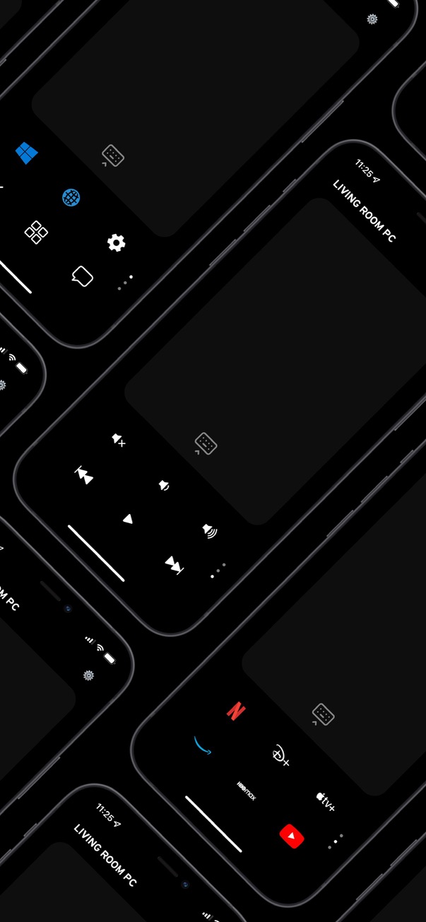 Saturn Remote promotional collage showing multiple iPhone screens at angles, including the Living Room PC connected state and playback controls