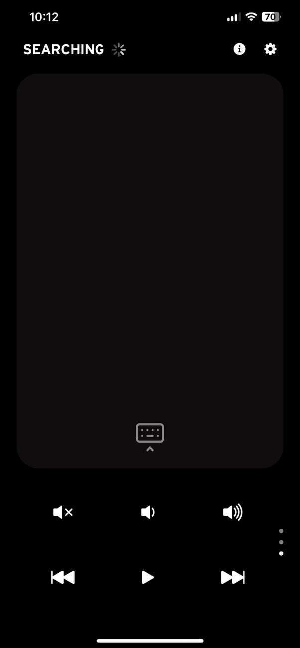 Saturn Remote in SEARCHING state with media transport controls at the bottom