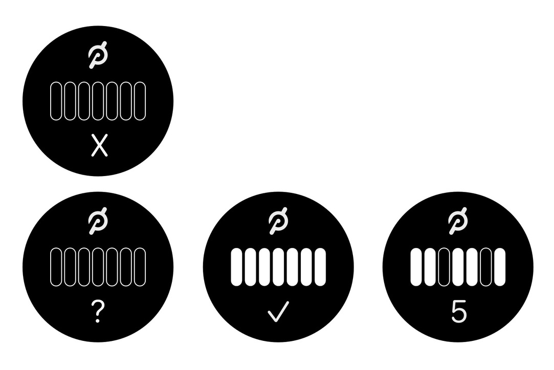 Four states of the Peloton streak widget icon: empty with X, empty with question mark, full with check, and full with number 5